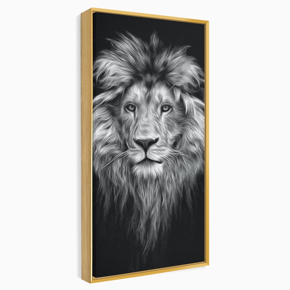 Tablou canvas cu tablou canvas cu leu alb negru, in rama de aluminiu auriu